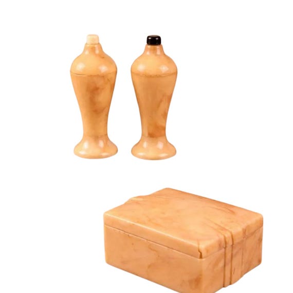 Vintage Carvanite Plastic Press Button Salt and Pepper Shaker in Case Yellow Marble Pattern