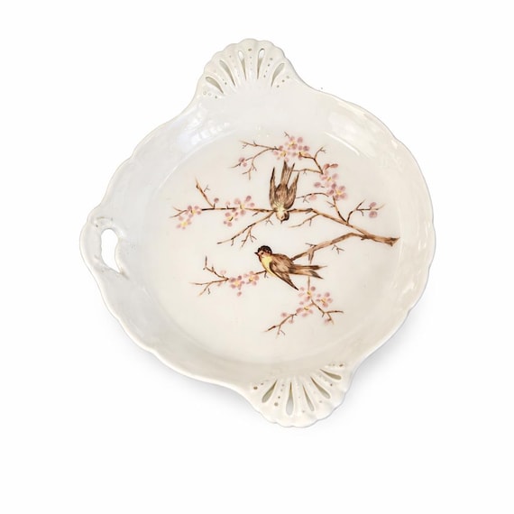 Vintage Hand Painted Porcelain Trinket Dish: Birds Cherry Blossoms, Gold Gilt Handles