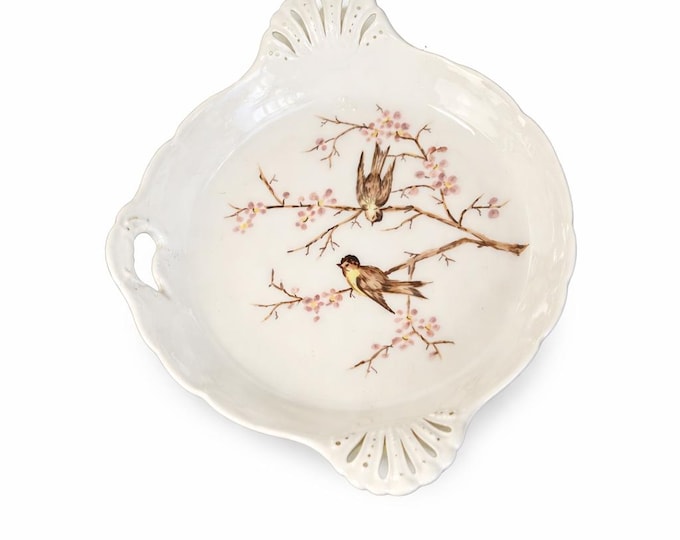 Vintage Hand Painted Porcelain Trinket Dish: Birds Cherry Blossoms, Gold Gilt Handles