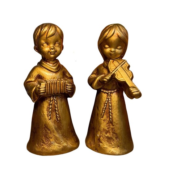 Vintage Brinn's Gold Cherub Figurines: Boy and Girl Christmas Decor