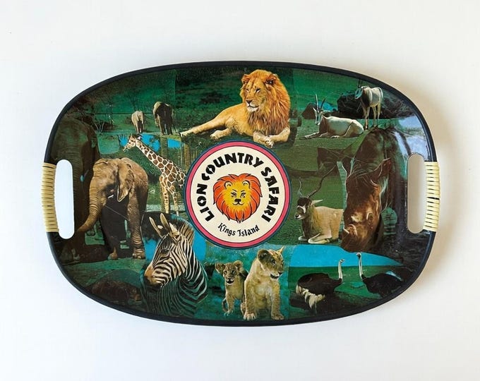 1970s Fiberboard Japan Made SERVING TRAY "Lion Country Safari" Kings Island Amusement Park Ohio