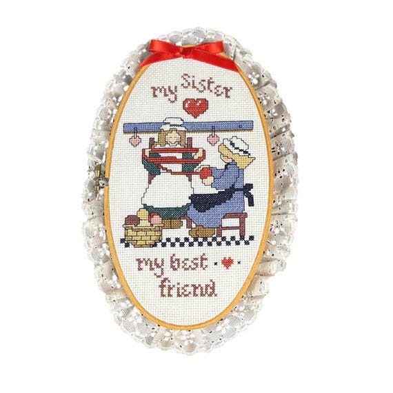 Vintage "My Sister, My Friend" Cross Stitch in Oval Hoop, Eyelet Lace