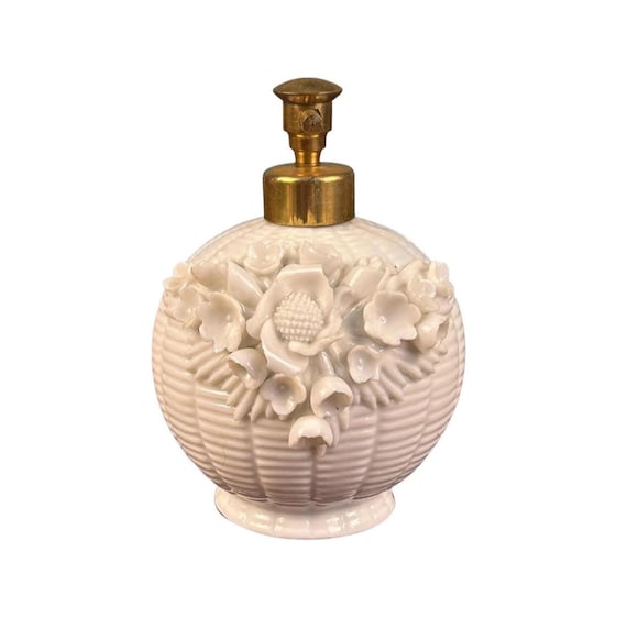 Vintage Porcelain Basket Weave Perfume Bottle with Brass Atomizer – Floral Collectible Vanity Decor