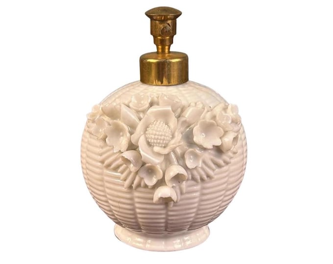 Vintage Porcelain Basket Weave Perfume Bottle with Brass Atomizer – Floral Collectible Vanity Decor