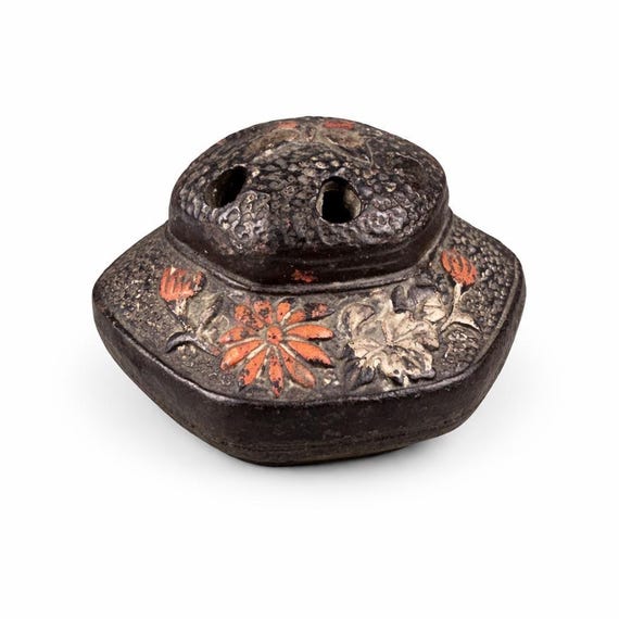 Antique Japanese Tokonabe Pottery Incense Burner (Koro) | Art Deco Chrysanthemum | 1920s