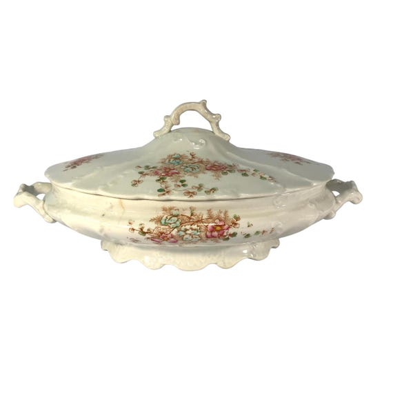 Vintage National China Covered Dish: Floral Pattern, Detailed Handles