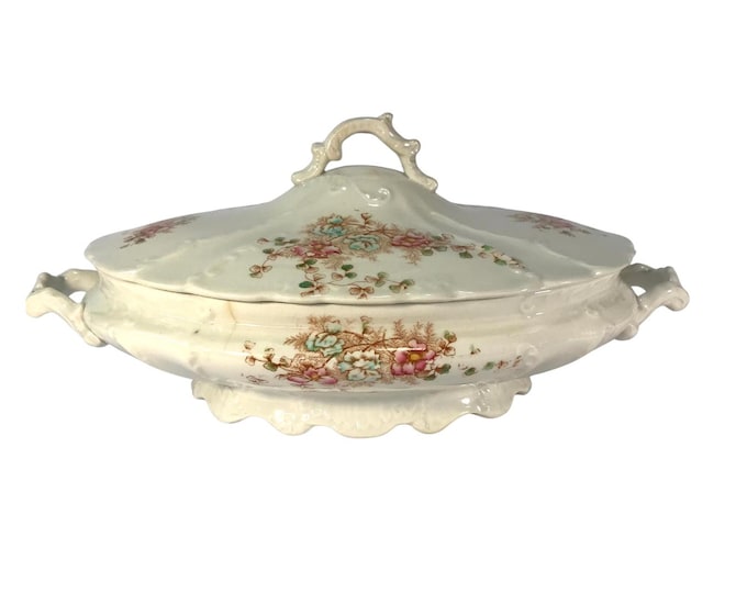 Vintage National China Covered Dish: Floral Pattern, Detailed Handles