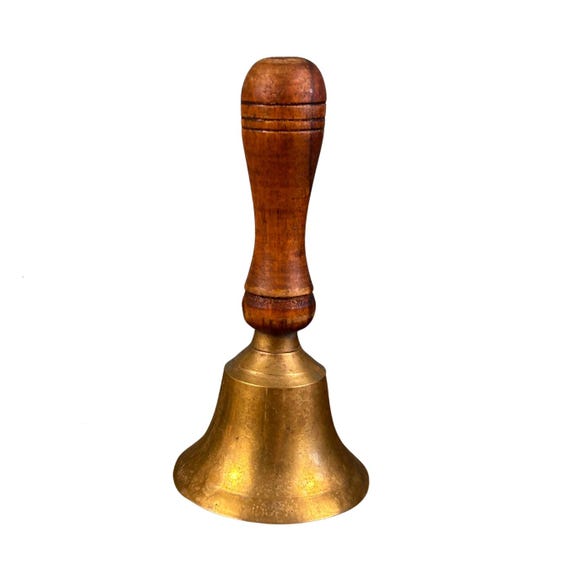 Vintage Brass Hand Bell – Turned Wood Handle, School Dinner Bell