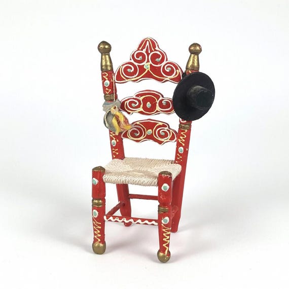 Vintage Mexican Miniature Chair | Hand-Painted Wood, Woven Seat, Folk Art Decor