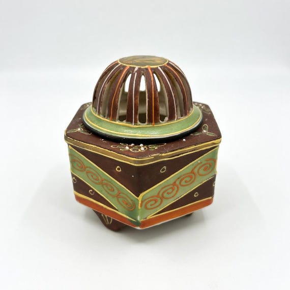 Vintage Japanese Satsuma Incense Burner | Moriage Porcelain Censer, Hand Painted 1920s Lid