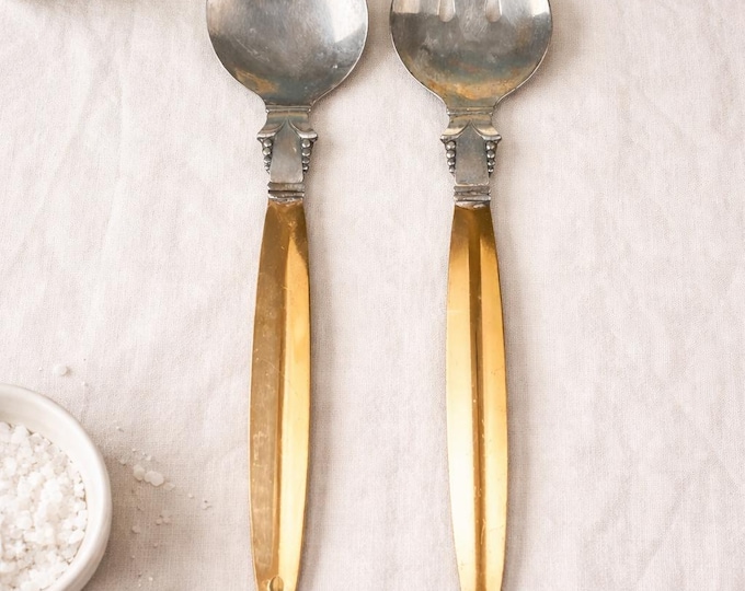 Vintage Copper Craft Guild Salad Servers | Copper Handles & Silver Plate | Art Deco / Gothic Style