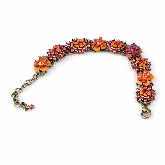 Vintage Beaded Gemstone Bracelet Pink Orange Red | Retro Multicolor Stone Jewelry | Statement Bracelet