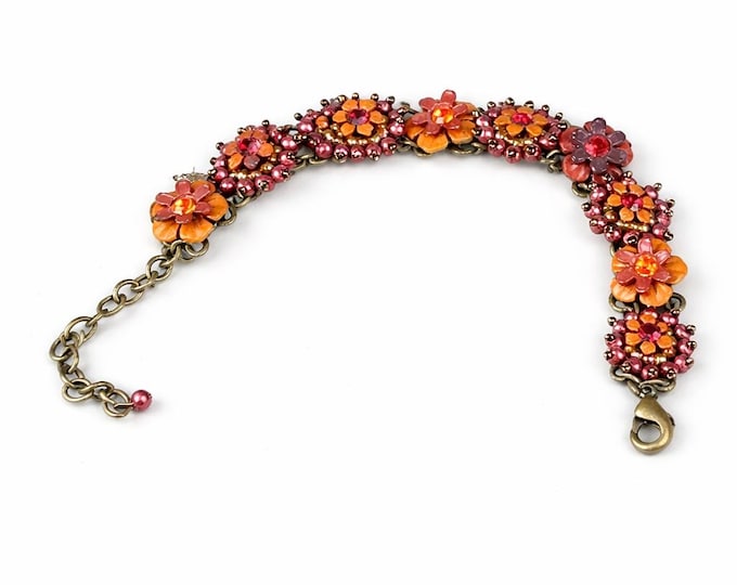 Vintage Beaded Gemstone Bracelet Pink Orange Red | Retro Multicolor Stone Jewelry | Statement Bracelet