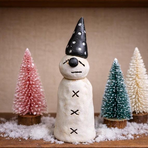 Handcrafted Polymer Clay Snowman Figurine: 'Charlie' Whimsical Folk Art Winter Decor