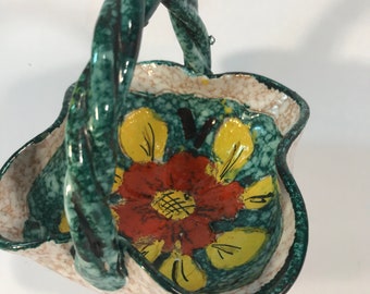 OOAK Beautiful Vintage Hand-carved, Handpainted Twisted Handle Bowl with floral design. Italy.