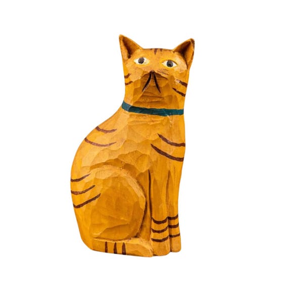 Vintage Hand-Carved Wooden Folk Art Orange Tabby Cat Figurine with Blue Collar