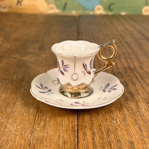 Vintage 1950s Demitasse Cup And Saucer Japanese Porcelain MCM Small Teacup and Saucer Set Red/Blue/ with Gold accents