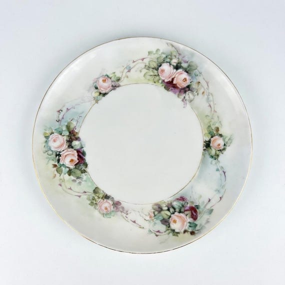 Antique MZ Austria Porcelain Plate – Hand Painted Pink Roses, Gold Trim – Victorian Cabinet Display