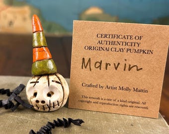 Hand-Crafted Clay Pumpkin 'MARVIN' - Halloween Dollhouse Decor Fall w/Certificate of Authenticity