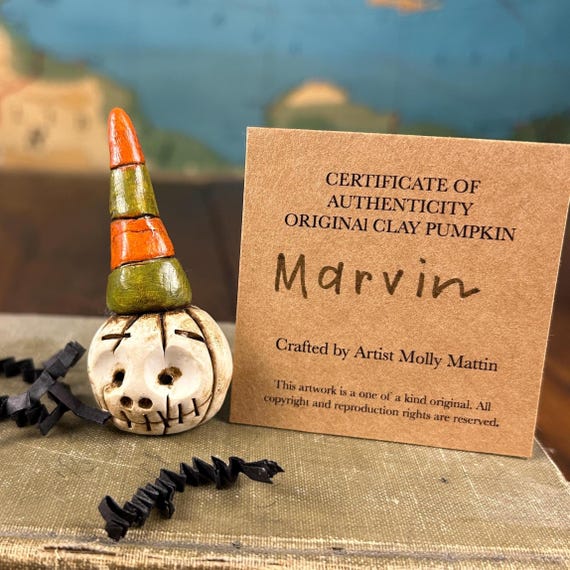 Hand-Crafted Clay Pumpkin 'MARVIN' - Halloween Dollhouse Decor Fall w/Certificate of Authenticity