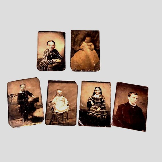 Set of Six (6) Antique Children Tintypes - Black and White Photo Portraits - Civil War Era