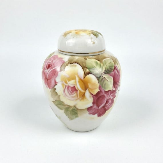 Vintage Hand-Painted Floral Ginger Jar – Pink Roses Porcelain Vanity Trinket Dish