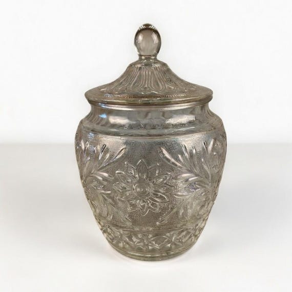 Vintage Anchor Hocking Sandwich Glass Cookie Jar | Clear Depression Glass | Ball Lid | 1939–1964