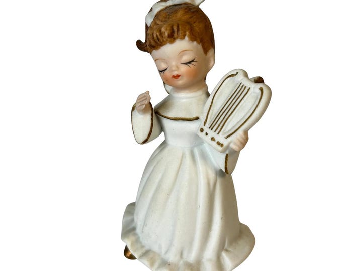 Vintage Christmas Angel Playing a Harp Lyre 4" Gold & Beige Flat Bisque Surface MCM
