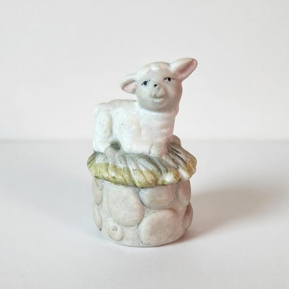 Vintage Little Lamb on Grass Figurine Porcelain Sheep Collectible Easter Christmas