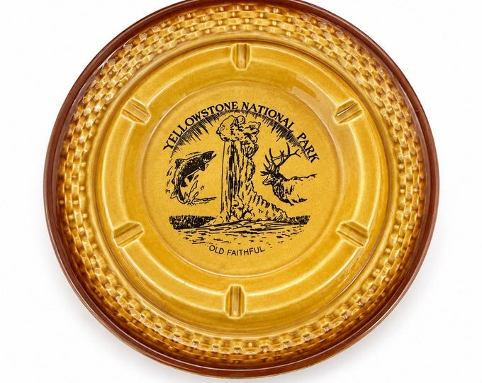 Vintage Yellowstone National Park Souvenir Ashtray Old Faithful Deer Fish Faux Wood Tray