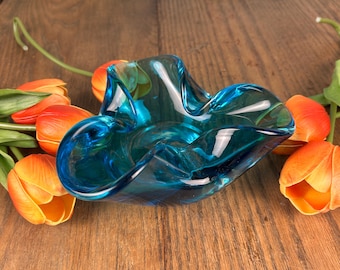 Vintage Viking Handblown Bluenique Candy Dish - Collectible Art Glass Bowl Turquoise Blue - HARD TO FIND
