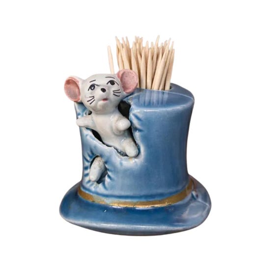 Vintage Ceramic Mouse in Top Hat Toothpick Holder Cottage Core Decor