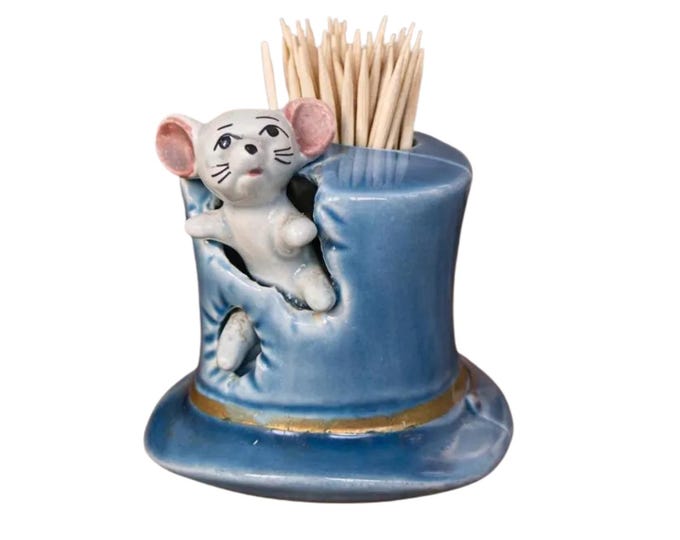 Vintage Ceramic Mouse in Top Hat Toothpick Holder Cottage Core Decor