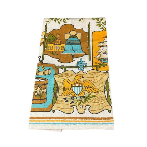 Vintage Americana Linen Kitchen Towel, Parisian Prints, Liberty Bell
