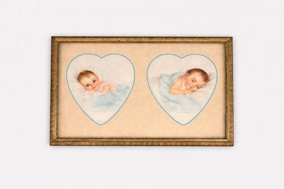 Vintage Charlotte Becker Baby Prints: Double Heart Nursery Art, 1930s-1940s Gold Frame
