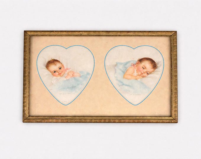 Vintage Charlotte Becker Baby Prints: Double Heart Nursery Art, 1930s-1940s Gold Frame