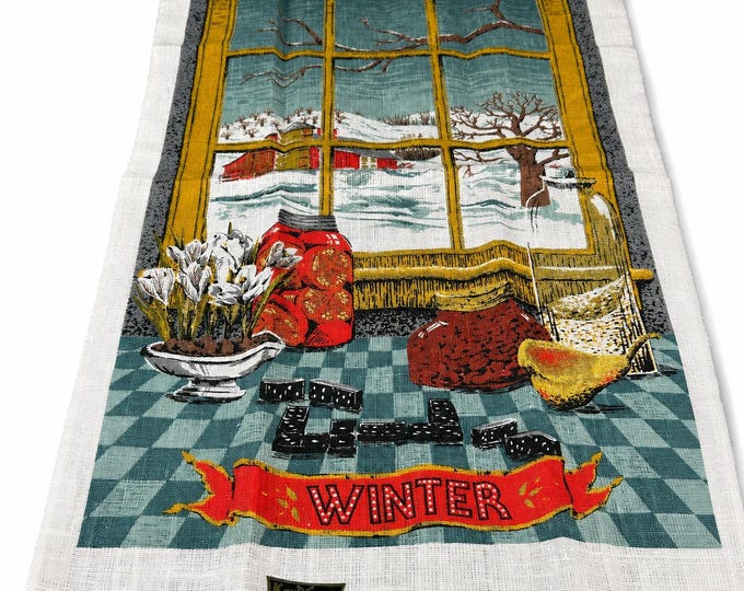 Vintage Kay Dee Pure Linen Tea Towel: Winter Window Scene, Hand Printed Kitchen Decor