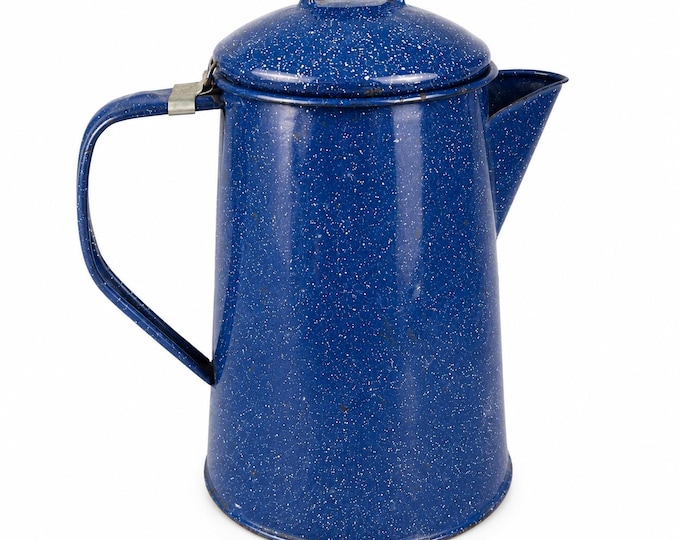 Vintage Blue Speckled Enamelware Coffee Pot Camping Percolator Splatterware Agateware Rustic Camp Decor