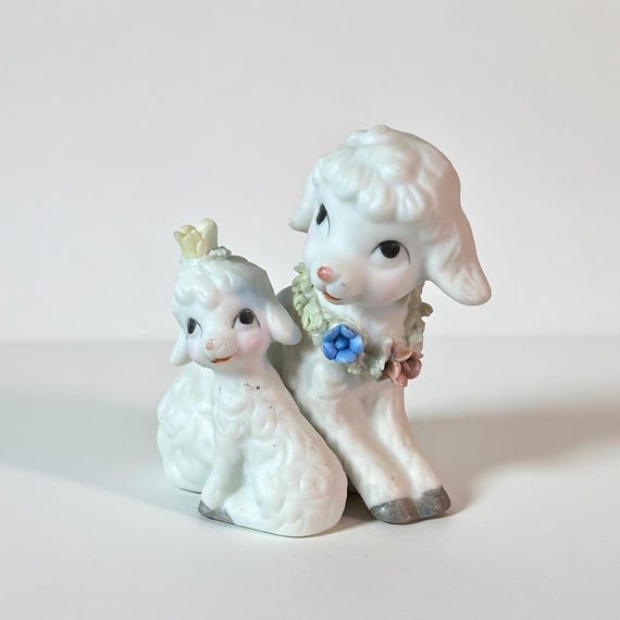 Vintage Napco Bone China Lamb Figurine: Spring Flower Easter Decor