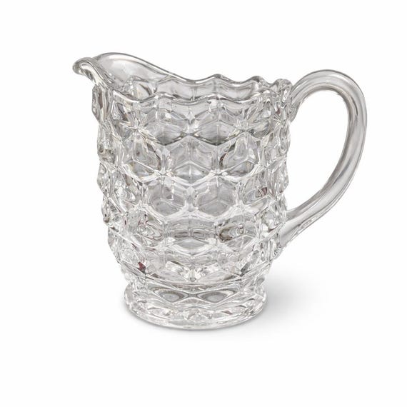 Fostoria American Pint Pitcher – Clear Pressed Glass Cubist Pattern – Small Water or Syrup Pitcher – Vintage Depression-Era Style