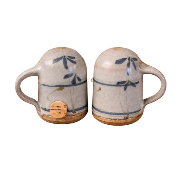 Vintage Studio Pottery Salt and Pepper Shakers, Speckled Gray Floral Stoneware