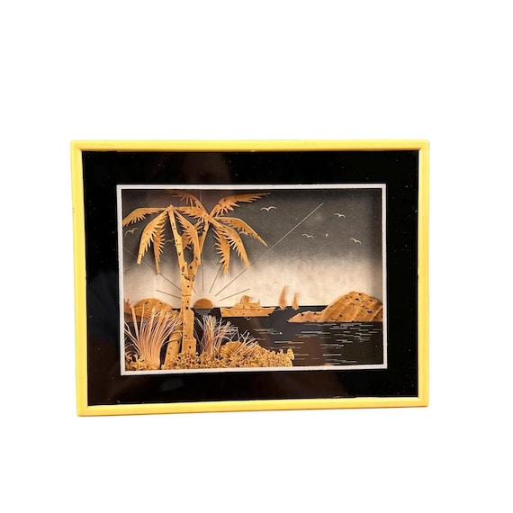 Vintage 1960s Cut Cork Souvenir Diorama Ocean Ship Palm Trees - MCM Nassau (EO)