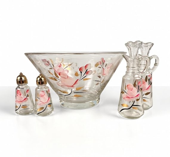 Anchor Hocking Gay Fad Pink Roses Salad Serving Set 1950’s Gold Leaves MCM