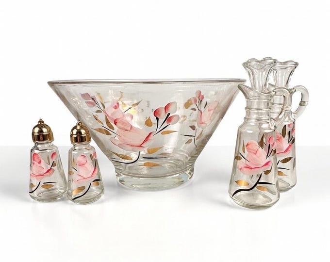 Anchor Hocking Gay Fad Pink Roses Salad Serving Set 1950’s Gold Leaves MCM