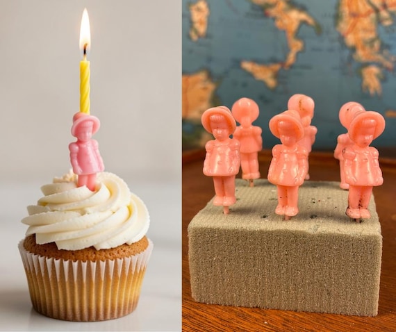 Vintage Pink Girl Cake Toppers | Mid-Century Easter Decorations, Set of 6
