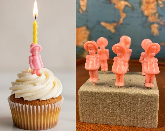 Vintage Pink Girl Cake Toppers | Mid-Century Easter Decorations, Set of 6