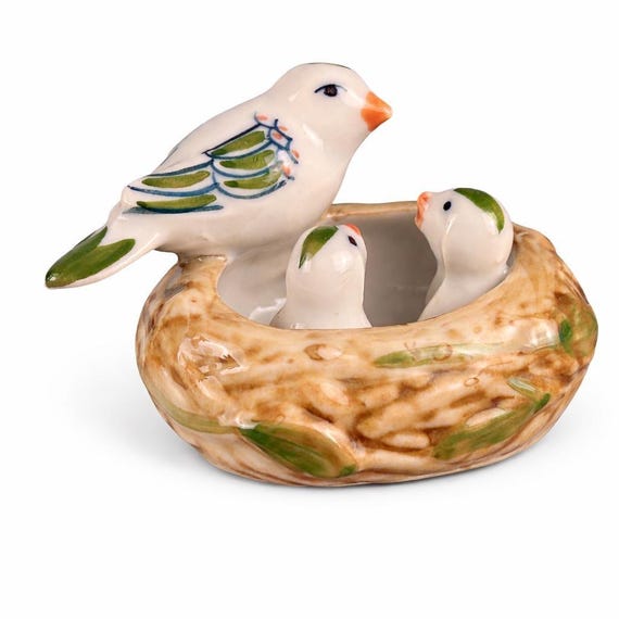 Hand-Painted Ceramic Mother Bird Nest Figurine: Vintage Collectible Decor