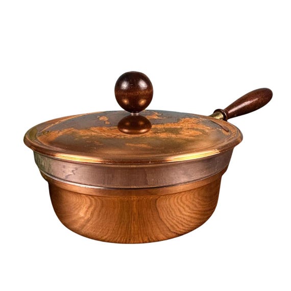 Vintage Copper Chafing Dish Double Boiler Set – 3-Piece Buffet Warmer with Wooden Handle & Lid