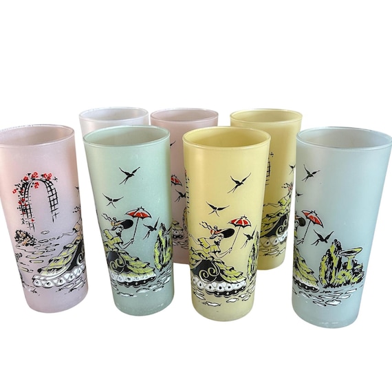 Hazel Atlas Southern Belle Tumblers: Mid-Century Frosted Highball Glasses, 7pc