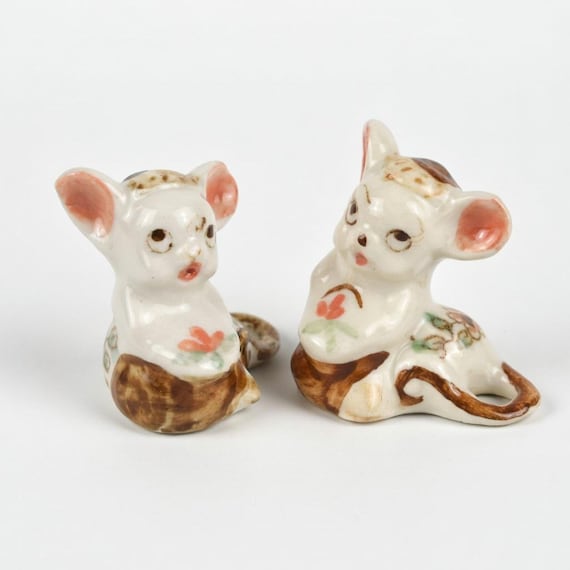Vintage 1960s Japan Kitsch Ceramic Mice Figurines: Big Eyes, Pink Ears, Floral Accents